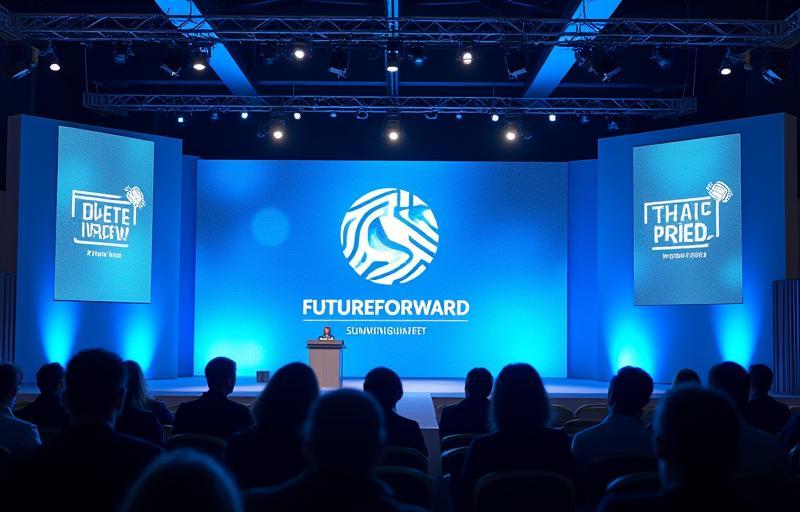 Graphic design for a tech conference including banners and stage backdrops